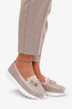 Skórzane Ażurowe Półbuty Damskie Z Naturalnej Skóry D&A LR51-631 Złote