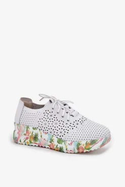 Skórzane Ażurowe Półbuty Damskie Na Koturnie Artiker 56C1532 Białe