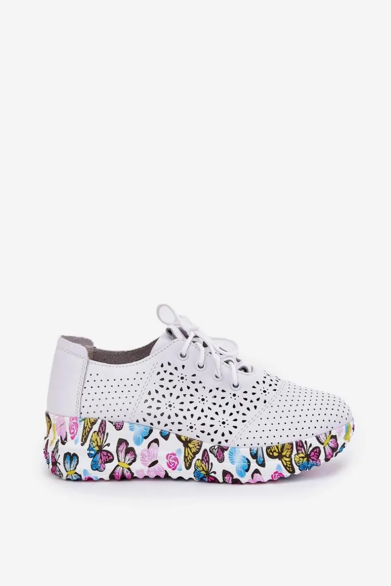 Skórzane Ażurowe Półbuty Damskie Na Koturnie Motyle Artiker 56C1618 Białe