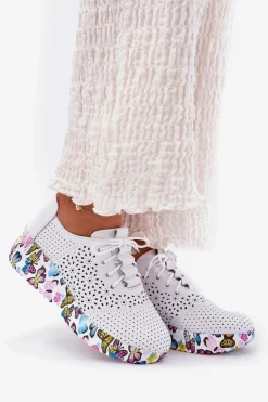 Skórzane Ażurowe Półbuty Damskie Na Koturnie Motyle Artiker 56C1618 Białe