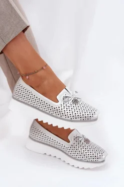 Skórzane Ażurowe Półbuty Damskie Z Naturalnej Skóry D&A LR51-631 Srebrne