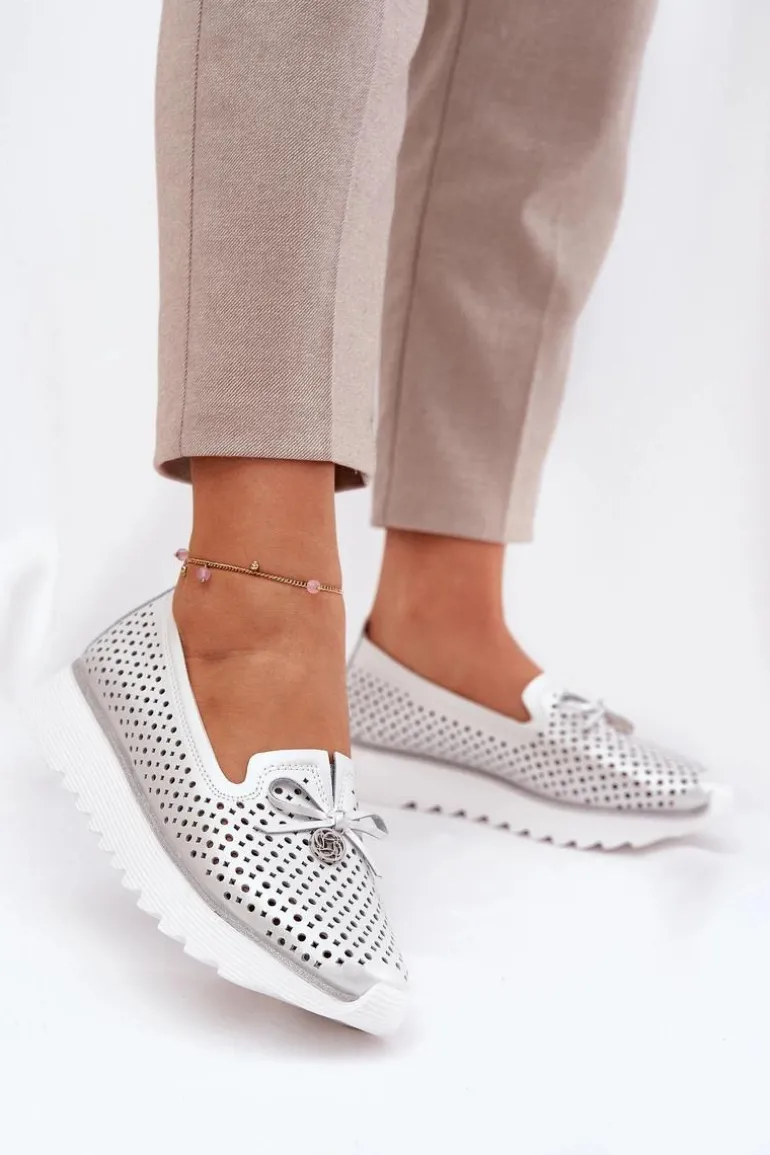 Skórzane Ażurowe Półbuty Damskie Z Naturalnej Skóry D&A LR51-631 Srebrne