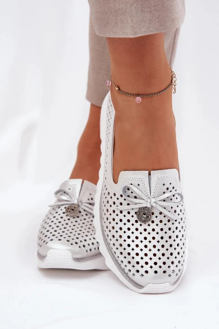 Skórzane Ażurowe Półbuty Damskie Z Naturalnej Skóry D&A LR51-631 Srebrne