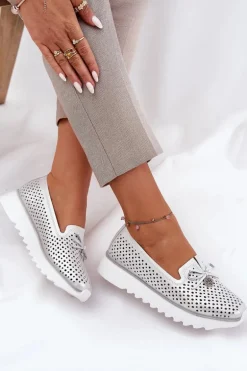 Skórzane Ażurowe Półbuty Damskie Z Naturalnej Skóry D&A LR51-631 Srebrne