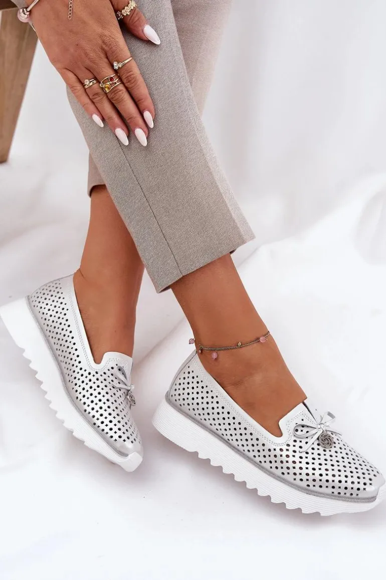 Skórzane Ażurowe Półbuty Damskie Z Naturalnej Skóry D&A LR51-631 Srebrne