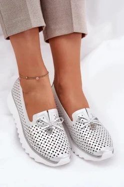 Skórzane Ażurowe Półbuty Damskie Z Naturalnej Skóry D&A LR51-631 Srebrne