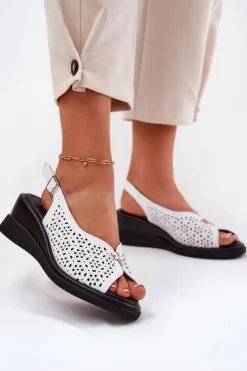Skórzane Ażurowe Sandały Damskie Na Koturnie Vinceza 79529 Białe