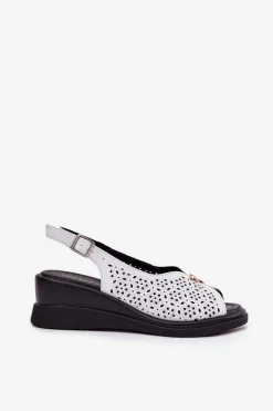 Skórzane Ażurowe Sandały Damskie Na Koturnie Vinceza 79529 Białe