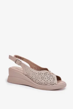 Skórzane Ażurowe Sandały Damskie Na Koturnie Vinceza 79529 Beżowe