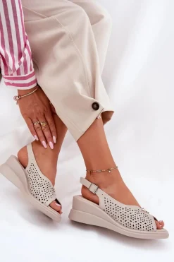 Skórzane Ażurowe Sandały Damskie Na Koturnie Vinceza 79529 Beżowe