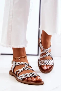 Skórzane Ażurowe Sandały Lewski 3022 Srebrne