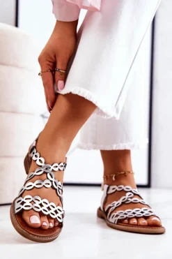 Skórzane Ażurowe Sandały Lewski 3022 Srebrne