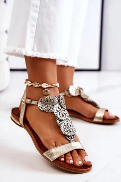 Skórzane Ażurowe Sandały Lewski 3049 Złote