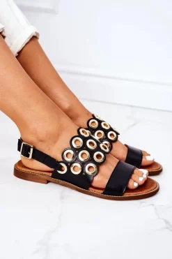 Skórzane Ażurowe Sandały Lewski Shoes 3042 Czarne