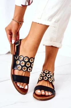 Skórzane Ażurowe Sandały Lewski Shoes 3042 Czarne