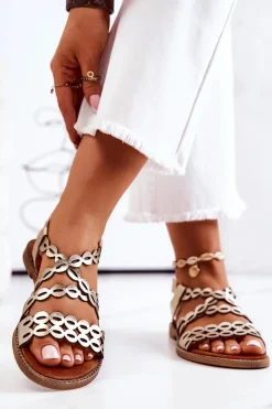 Skórzane Ażurowe Sandały Lewski 3022 Złote