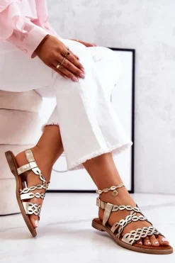Skórzane Ażurowe Sandały Lewski 3022 Złote