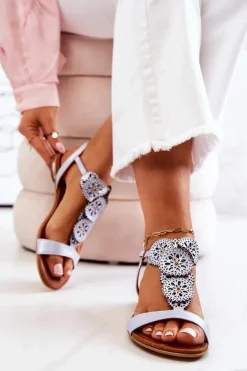 Skórzane Ażurowe Sandały Lewski Perłowe 3049 Niebieskie