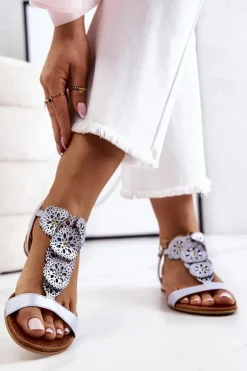 Skórzane Ażurowe Sandały Lewski Perłowe 3049 Niebieskie