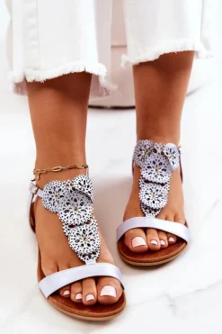 Skórzane Ażurowe Sandały Lewski Perłowe 3049 Niebieskie