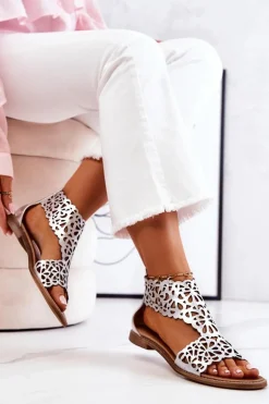 Skórzane Ażurowe Sandały Lewski 2699/2 Srebrne