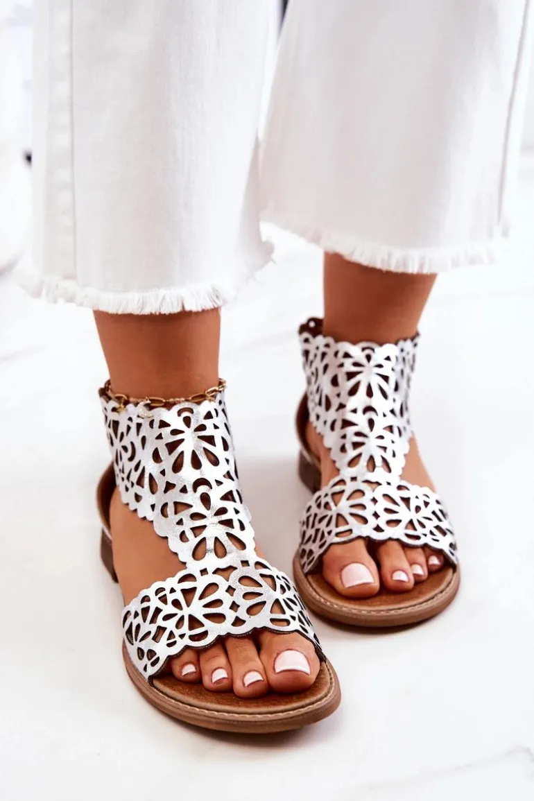 Skórzane Ażurowe Sandały Lewski 2699/2 Srebrne