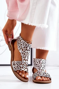 Skórzane Ażurowe Sandały Lewski 2699/2 Srebrne