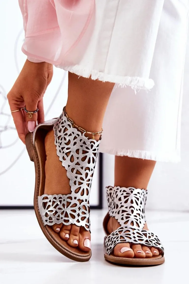 Skórzane Ażurowe Sandały Lewski 2699/2 Srebrne