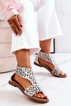 Skórzane Ażurowe Sandały Lewski 2699/2 Srebrne