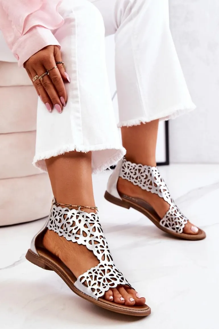 Skórzane Ażurowe Sandały Lewski 2699/2 Srebrne