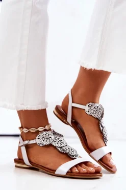 Skórzane Ażurowe Sandały Lewski Perłowe 3049 Białe