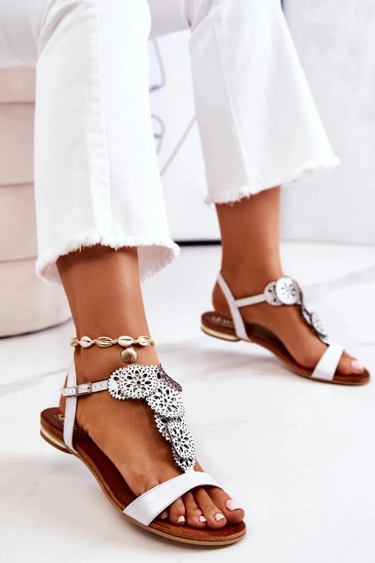 Skórzane Ażurowe Sandały Lewski Perłowe 3049 Białe