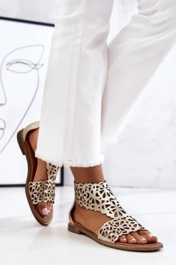 Skórzane Ażurowe Sandały Lewski 2699/2 Złote