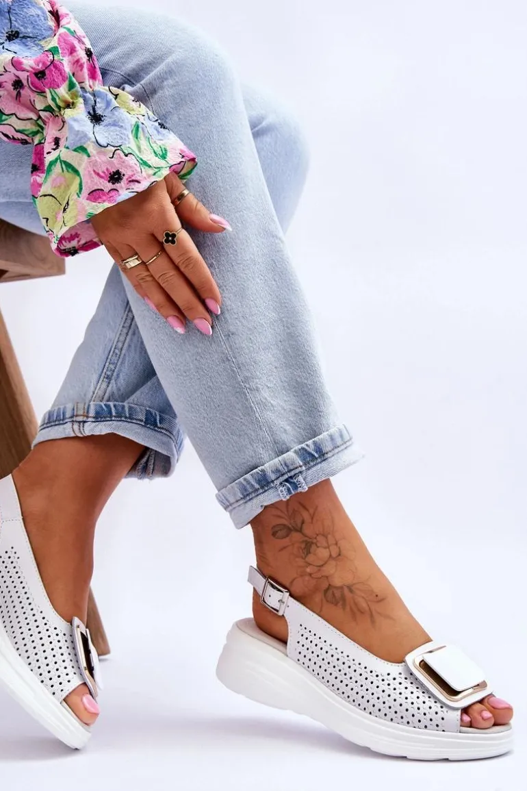 Skórzane Ażurowe Sandały S.Barski BN291 Białe