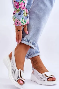 Skórzane Ażurowe Sandały S.Barski BN291 Białe