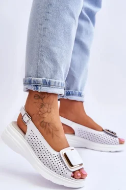 Skórzane Ażurowe Sandały S.Barski BN291 Białe