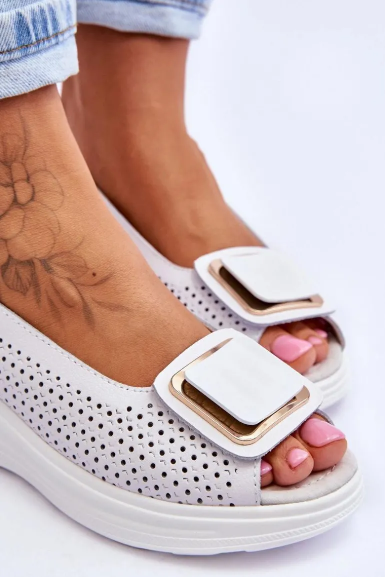 Skórzane Ażurowe Sandały S.Barski BN291 Białe