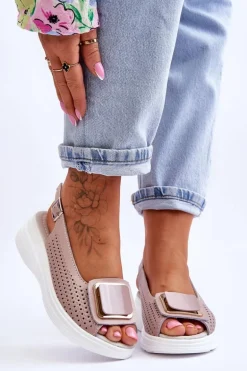 Skórzane Ażurowe Sandały S.Barski BN291 Różowe