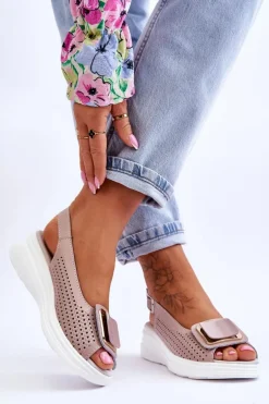 Skórzane Ażurowe Sandały S.Barski BN291 Różowe