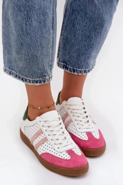 Skórzane Ażurowe Sneakersy Damskie Zazoo N1318 Biało-Różowe