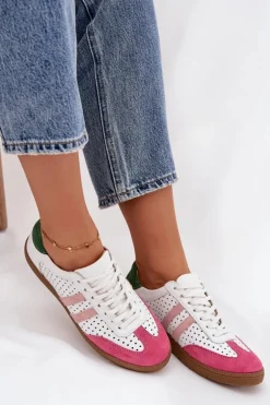 Skórzane Ażurowe Sneakersy Damskie Zazoo N1318 Biało-Różowe