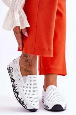 Skórzane Ażurowe Wsuwane Tenisówki Slip-On Białe Gedra