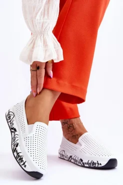 Skórzane Ażurowe Wsuwane Tenisówki Slip-On Białe Gedra