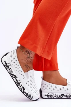 Skórzane Ażurowe Wsuwane Tenisówki Slip-On Białe Gedra