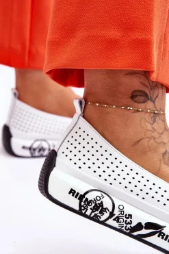 Skórzane Ażurowe Wsuwane Tenisówki Slip-On Białe Gedra