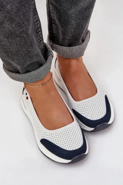 Skórzane Baleriny Na Koturnie Biało-Granatowe Nelviera