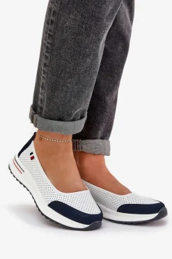 Skórzane Baleriny Na Koturnie Biało-Granatowe Nelviera