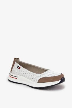 Skórzane Baleriny Na Koturnie Białe Nelviera