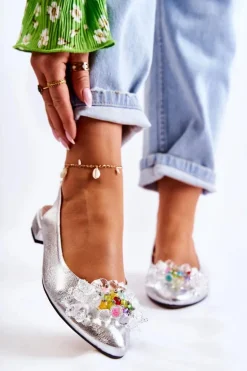 Skórzane Baleriny Na Obcasie Z Ozdobą Srebrne Elenie