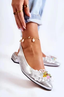 Skórzane Baleriny Na Obcasie Z Ozdobą Srebrne Elenie